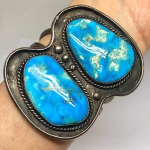 HUGE Navajo Cuff Bracelet Turquoise 86g 6.5in Sterling Signed 1960s VTG Blue WOW